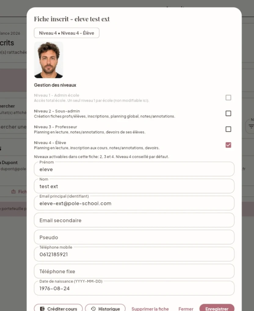 Fiche élève avec présences, abonnement et figures validées